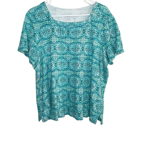 Kim Rogers Geometric Blue and Green Mandala Print T Shirt - Picture 1 of 4